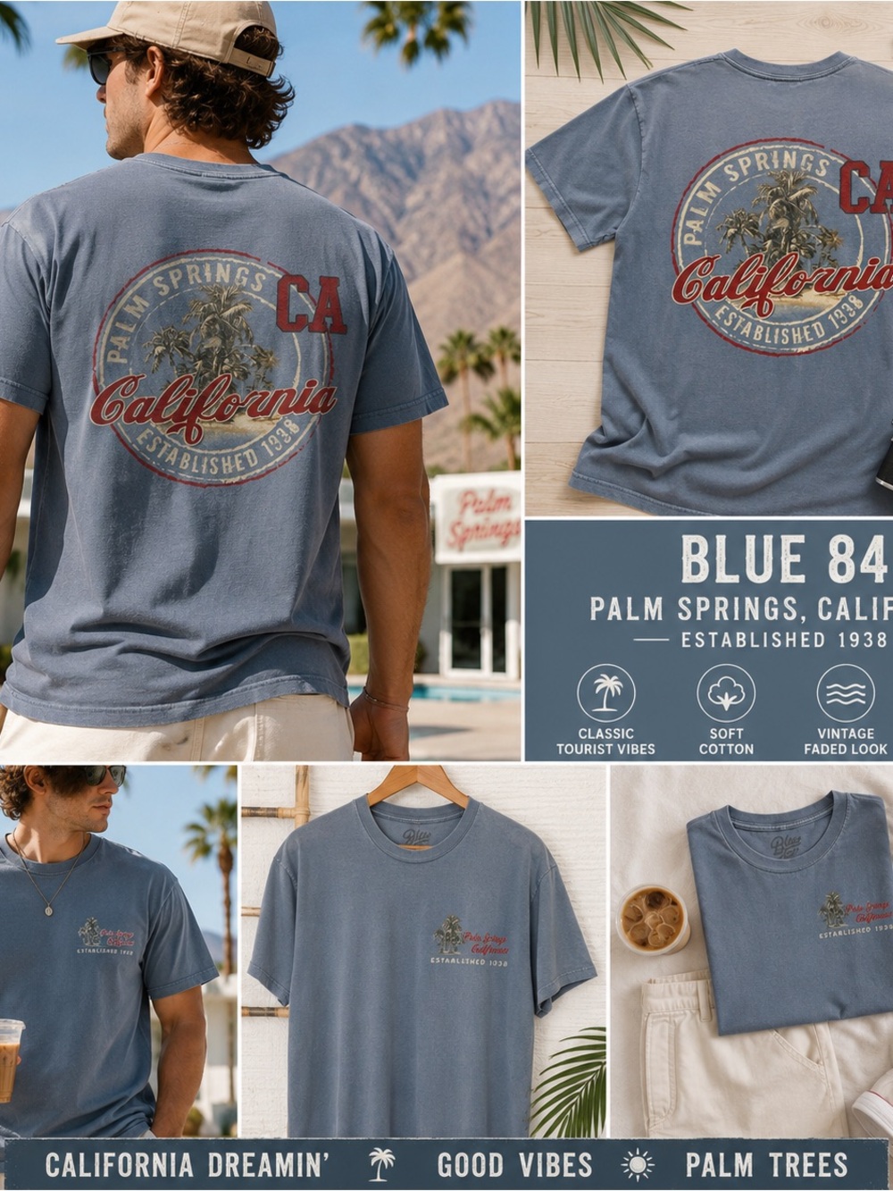 Blue 84 Palm Springs California Shirt Large Faded Tourist Coastal Grunge Y2K Tee